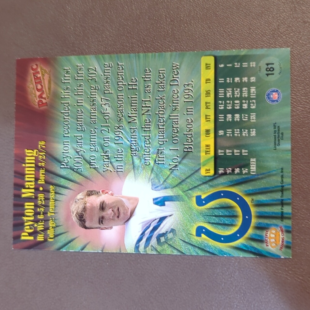 1998 Pacific Peyton Manning rookie card Indianapolis Colts Tennessee Number 181 - Picture 3 of 4